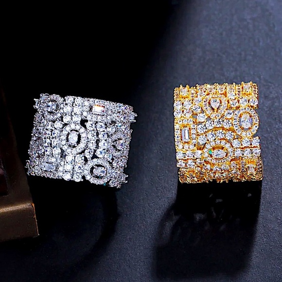 White Gold Plated Zircon Ring, Adjustable, Wide Band, Statement Jewelry - Picture 6 of 9